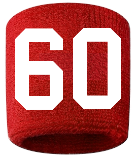 Number 60 Custom Red w/ White #'s Sweatband Wristband Embroidered Stitched