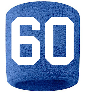 Number 60 Custom Royal Blue w/ White #'s Sweatband Wristband Embroidered Stitched