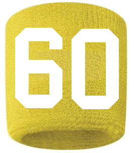 Number 60 Custom Yellow w/ White #'s Sweatband Wristband Embroidered Stitched
