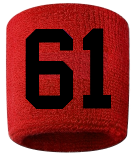 Number 61 Custom Red w/ Black #'s Sweatband Wristband Embroidered Stitched