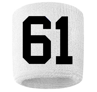 Number 61 Custom White w/ Black #'s Sweatband Wristband Embroidered Stitched