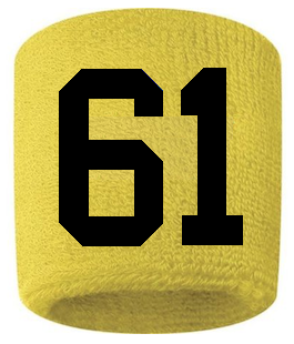 Number 61 Custom Yellow w/ Black #'s Sweatband Wristband Embroidered Stitched