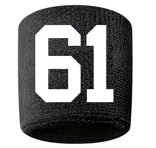 Number 61 Custom Black w/ White #'s Sweatband Wristband Embroidered Stitched
