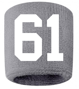 Number 61 Custom Gray w/ White #'s Sweatband Wristband Embroidered Stitched
