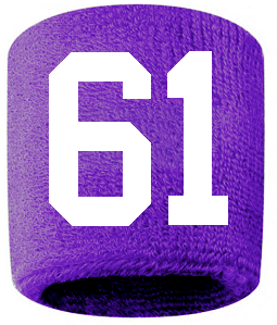 Number 61 Custom Purple w/ White #'s Sweatband Wristband Embroidered Stitched