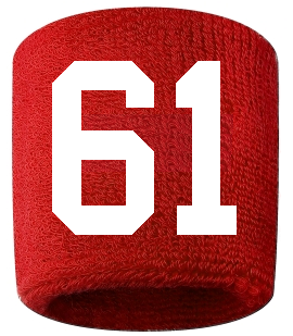 Number 61 Custom Red w/ White #'s Sweatband Wristband Embroidered Stitched
