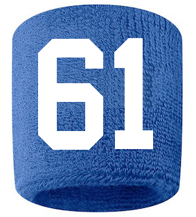 Number 61 Custom Royal Blue w/ White #'s Sweatband Wristband Embroidered Stitched