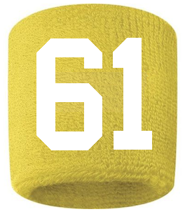 Number 61 Custom Yellow w/ White #'s Sweatband Wristband Embroidered Stitched