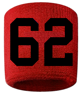 Number 62 Custom Red w/ Black #'s Sweatband Wristband Embroidered Stitched