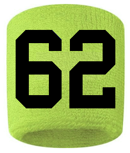 Number 62 Custom Volt Neon Lime Green w/ Black #'s Sweatband Wristband Embroidered Stitched