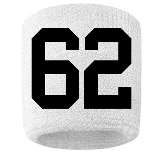 Number 62 Custom White w/ Black #'s Sweatband Wristband Embroidered Stitched
