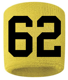Number 62 Custom Yellow w/ Black #'s Sweatband Wristband Embroidered Stitched