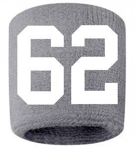 Number 62 Custom Gray w/ White #'s Sweatband Wristband Embroidered Stitched