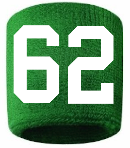 Number 62 Custom Green w/ White #'s Sweatband Wristband Embroidered Stitched