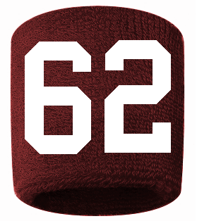 Number 62 Custom Maroon w/ White #'s Sweatband Wristband Embroidered Stitched