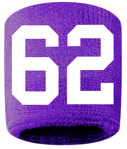 Number 62 Custom Purple w/ White #'s Sweatband Wristband Embroidered Stitched