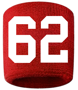 Number 62 Custom Red w/ White #'s Sweatband Wristband Embroidered Stitched