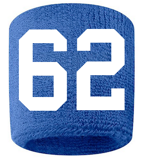 Number 62 Custom Royal Blue w/ White #'s Sweatband Wristband Embroidered Stitched