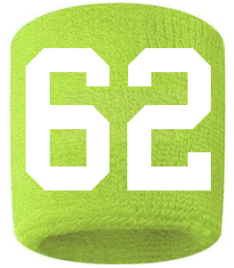 Number 62 Custom Volt Neon Lime Green w/ White #'s Sweatband Wristband Embroidered Stitched