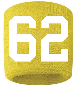 Number 62 Custom Yellow w/ White #'s Sweatband Wristband Embroidered Stitched