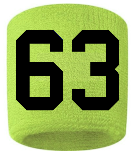 Number 63 Custom Volt Neon Lime Green w/ Black #'s Sweatband Wristband Embroidered Stitched