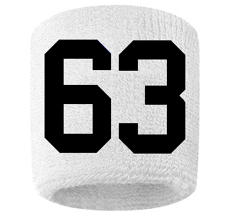 Number 63 Custom White w/ Black #'s Sweatband Wristband Embroidered Stitched