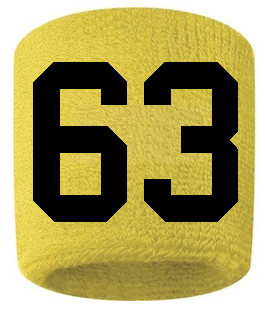 Number 63 Custom Yellow w/ Black #'s Sweatband Wristband Embroidered Stitched