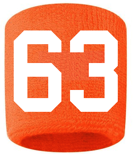 Number 63 Custom Orange w/ White #'s Sweatband Wristband Embroidered Stitched