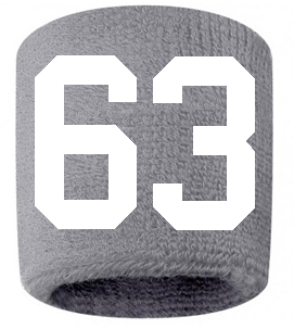 Number 63 Custom Gray w/ White #'s Sweatband Wristband Embroidered Stitched
