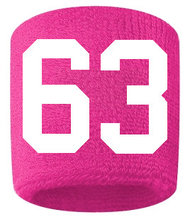 Number 63 Custom Hot Pink w/ White #'s Sweatband Wristband Embroidered Stitched