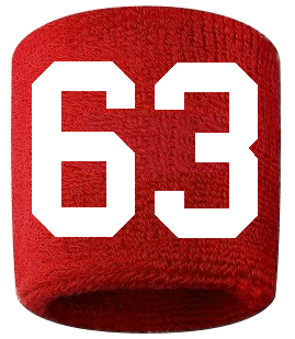 Number 63 Custom Red w/ White #'s Sweatband Wristband Embroidered Stitched