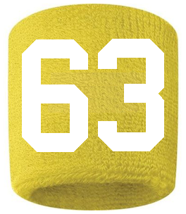 Number 63 Custom Yellow w/ White #'s Sweatband Wristband Embroidered Stitched