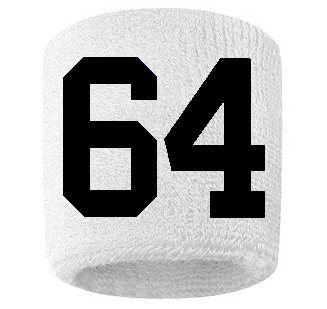 Number 64 Custom White w/ Black #'s Sweatband Wristband Embroidered Stitched