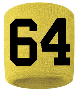 Number 64 Custom Yellow w/ Black #'s Sweatband Wristband Embroidered Stitched