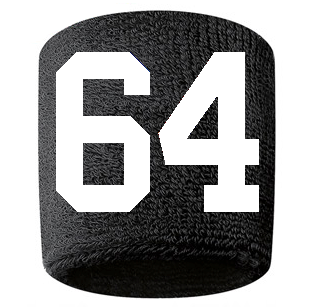 Number 64 Custom Black w/ White #'s Sweatband Wristband Embroidered Stitched