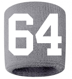 Number 64 Custom Gray w/ White #'s Sweatband Wristband Embroidered Stitched