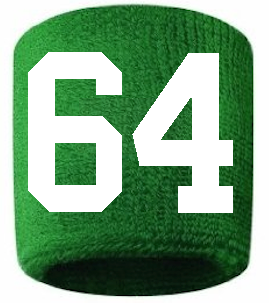 Number 64 Custom Green w/ White #'s Sweatband Wristband Embroidered Stitched