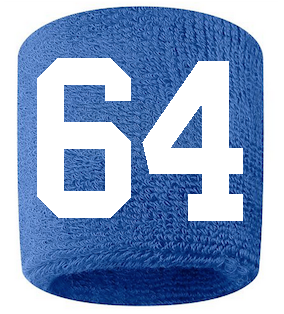 Number 64 Custom Royal Blue w/ White #'s Sweatband Wristband Embroidered Stitched