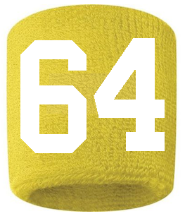 Number 64 Custom Yellow w/ White #'s Sweatband Wristband Embroidered Stitched