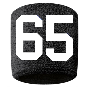 Number 65 Custom Black w/ White #'s Sweatband Wristband Embroidered Stitched