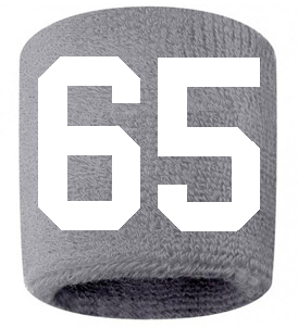 Number 65 Custom Gray w/ White #'s Sweatband Wristband Embroidered Stitched