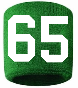 Number 65 Custom Green w/ White #'s Sweatband Wristband Embroidered Stitched