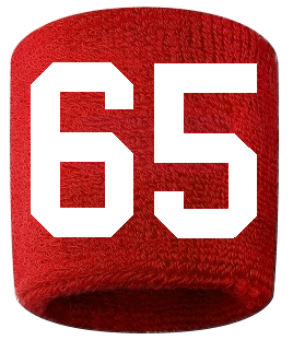 Number 65 Custom Red w/ White #'s Sweatband Wristband Embroidered Stitched