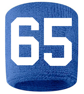 Number 65 Custom Royal Blue w/ White #'s Sweatband Wristband Embroidered Stitched
