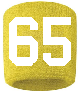 Number 65 Custom Yellow w/ White #'s Sweatband Wristband Embroidered Stitched