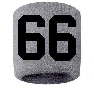 Number 66 Custom Gray w/ Black #'s Sweatband Wristband Embroidered Stitched