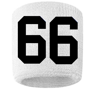 Number 66 Custom White w/ Black #'s Sweatband Wristband Embroidered Stitched