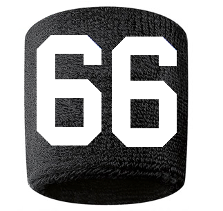 Number 66 Custom Black w/ White #'s Sweatband Wristband Embroidered Stitched