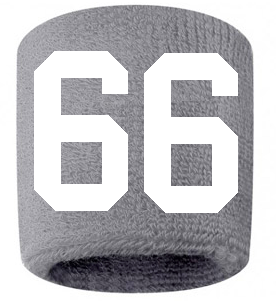 Number 66 Custom Gray w/ White #'s Sweatband Wristband Embroidered Stitched