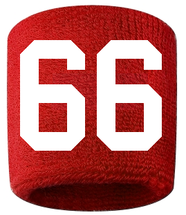 Number 66 Custom Red w/ White #'s Sweatband Wristband Embroidered Stitched